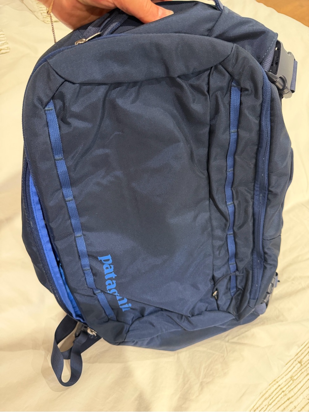 Patagonia Blue Travel Backpack with Light Blue Accents